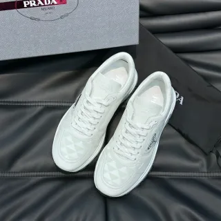 Prada White Gray Low-Top Geometric-Patterned Lifestyle Sneakers