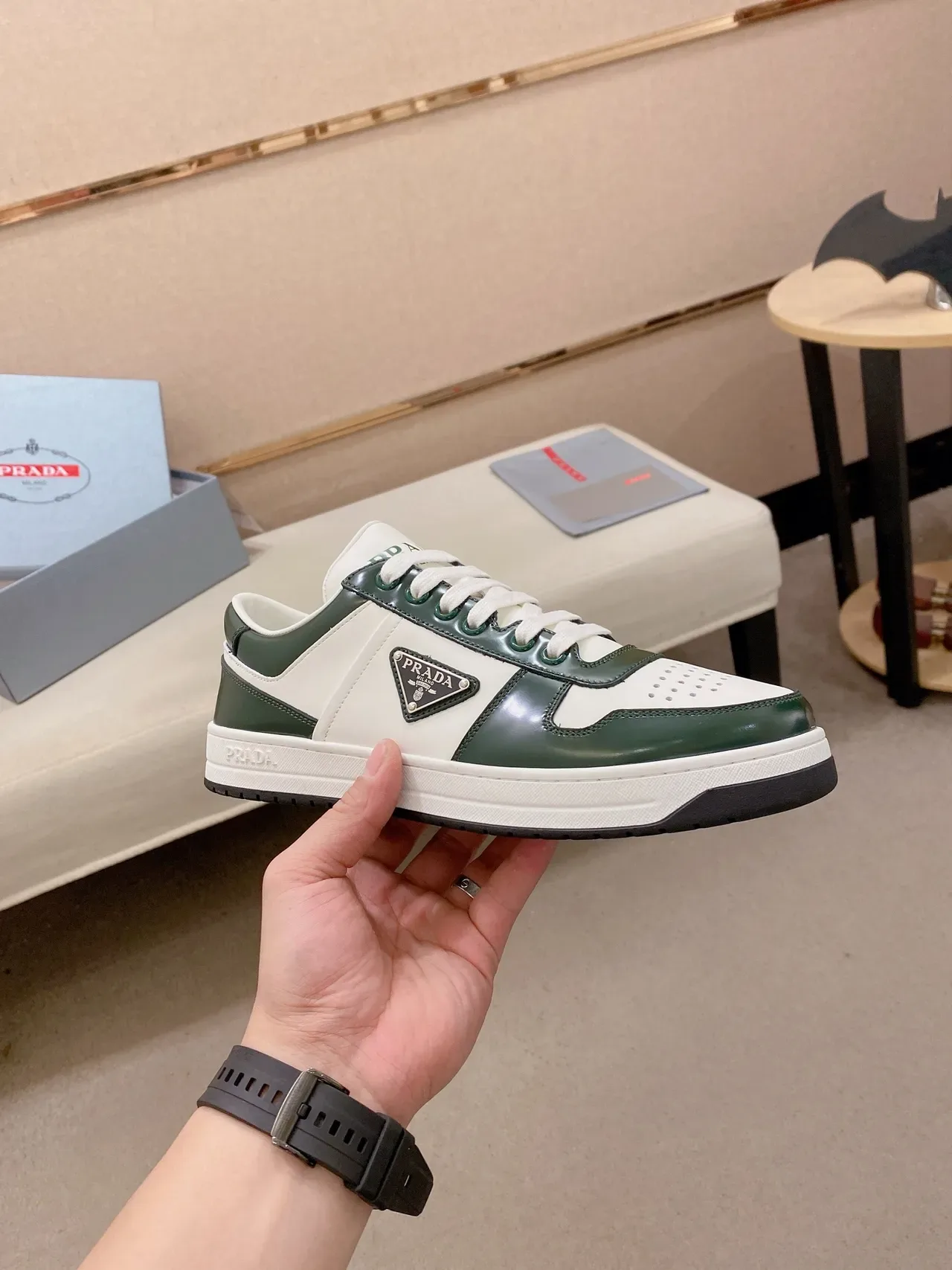 Prada White Green Two-Tone Leather Perforated Toe Cap Lifestyle Sneakers 4