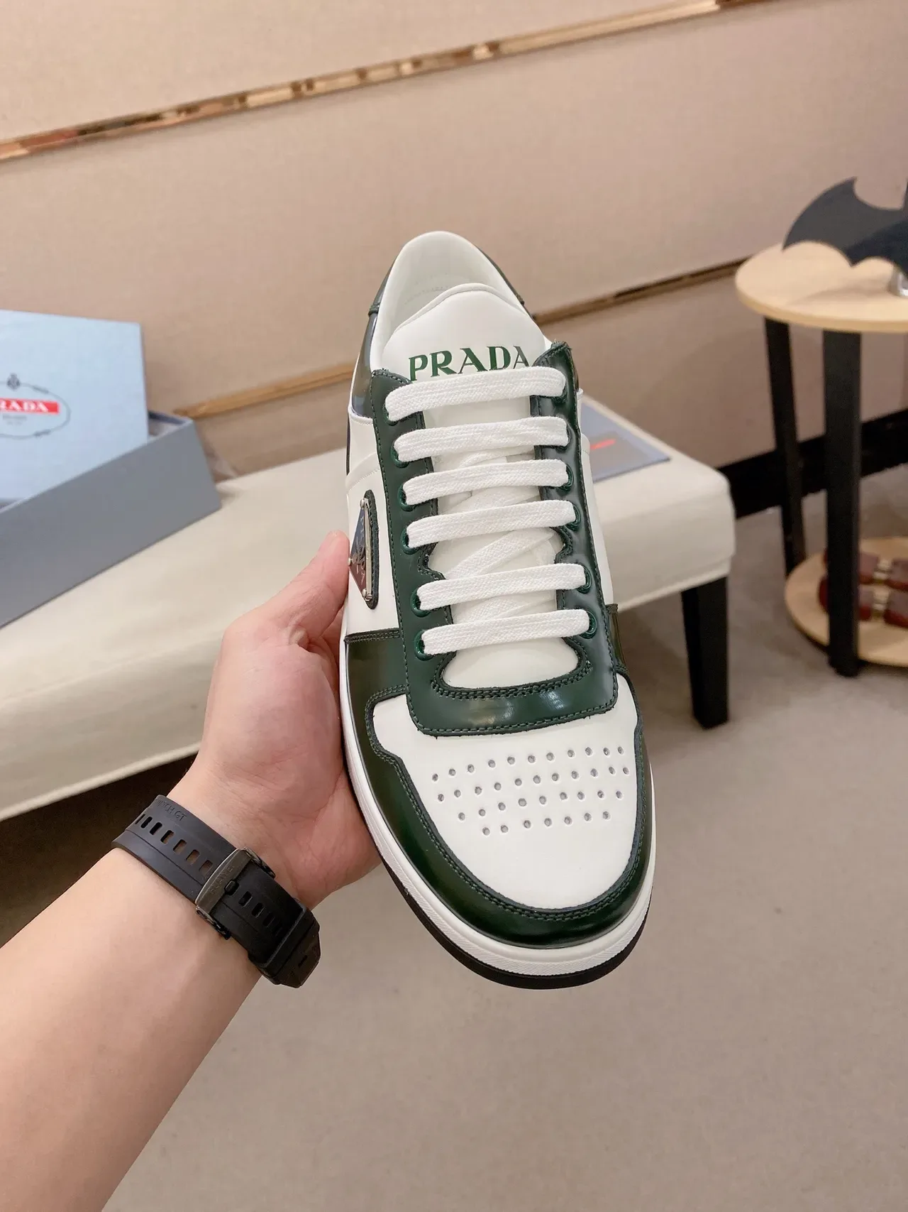 Prada White Green Two-Tone Leather Perforated Toe Cap Lifestyle Sneakers 5