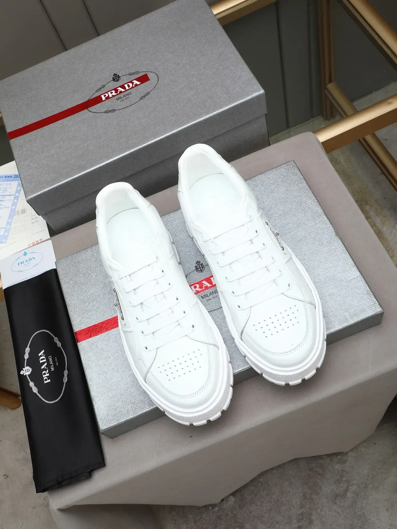 Prada White Leather Platform Sole Lifestyle Sneakers 3