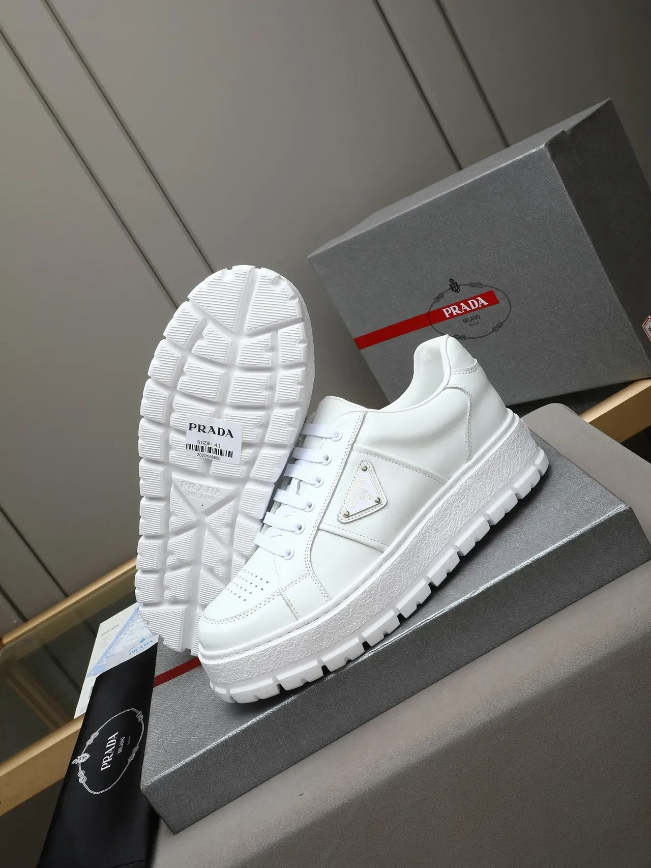 Prada White Leather Platform Sole Lifestyle Sneakers 5