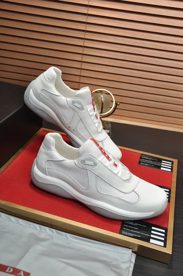 Prada Branco Vermelho Sem Cadarço Slip-On Malha e Couro Painel Tênis Lifestyle 5