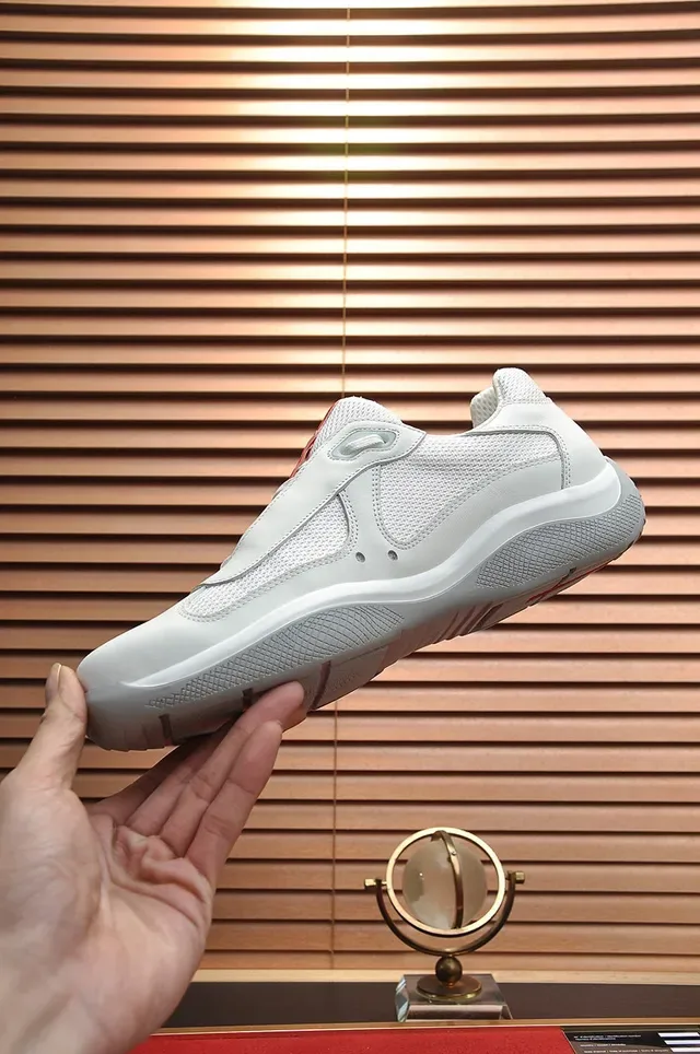 Prada Branco Vermelho Sem Cadarço Slip-On Malha e Couro Painel Tênis Lifestyle 6