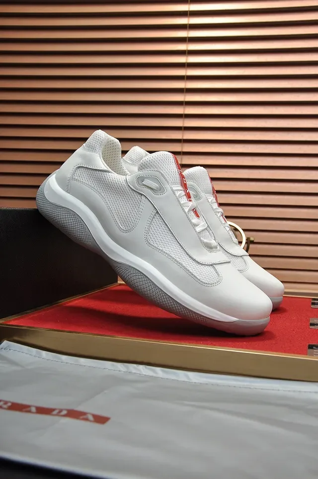 Prada Branco Vermelho Sem Cadarço Slip-On Malha e Couro Painel Tênis Lifestyle 7