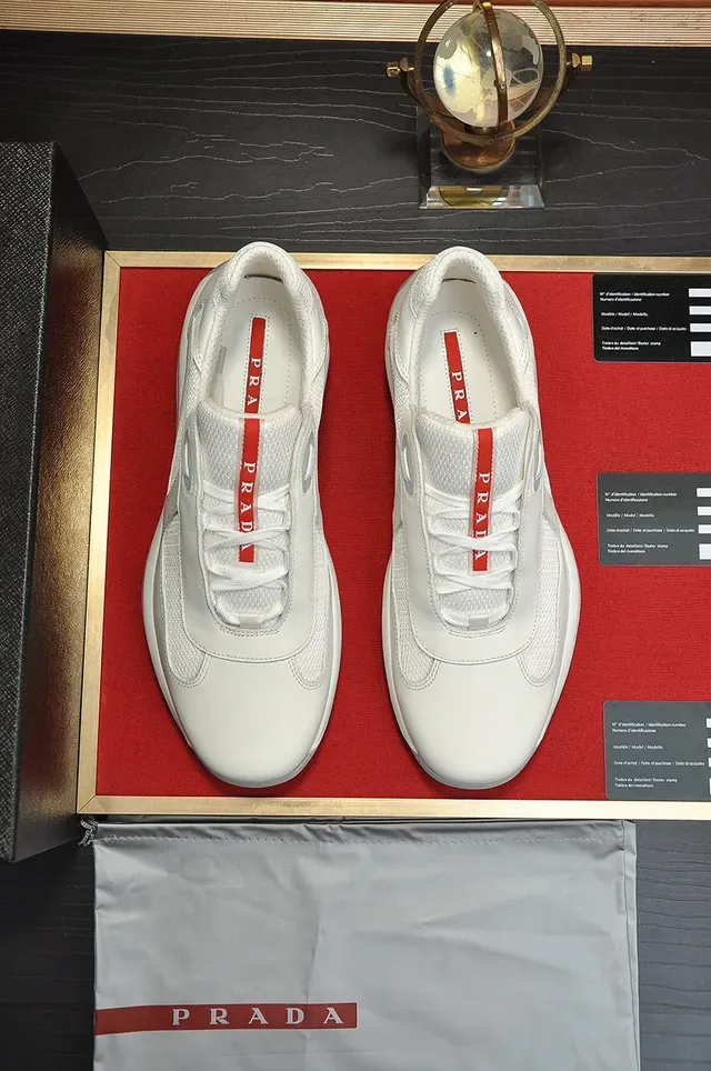 Prada Branco Vermelho Sem Cadarço Slip-On Malha e Couro Painel Tênis Lifestyle 8