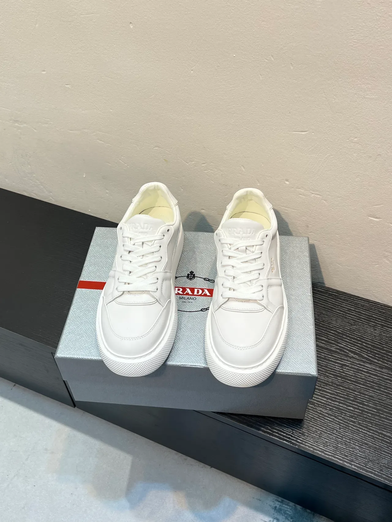 Prada White Smooth Leather Platform Sole Lifestyle Sneakers 2