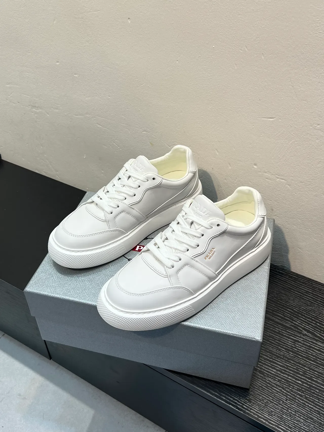 Prada White Smooth Leather Platform Sole Lifestyle Sneakers 3
