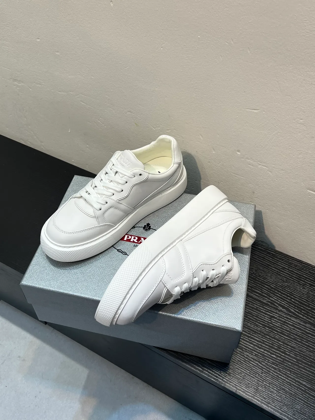 Prada White Smooth Leather Platform Sole Lifestyle Sneakers 4