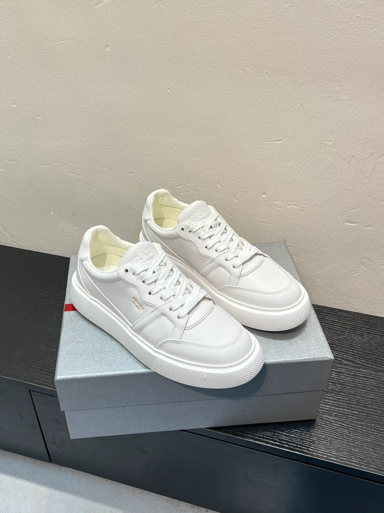 Prada White Smooth Leather Platform Sole Lifestyle Sneakers 5