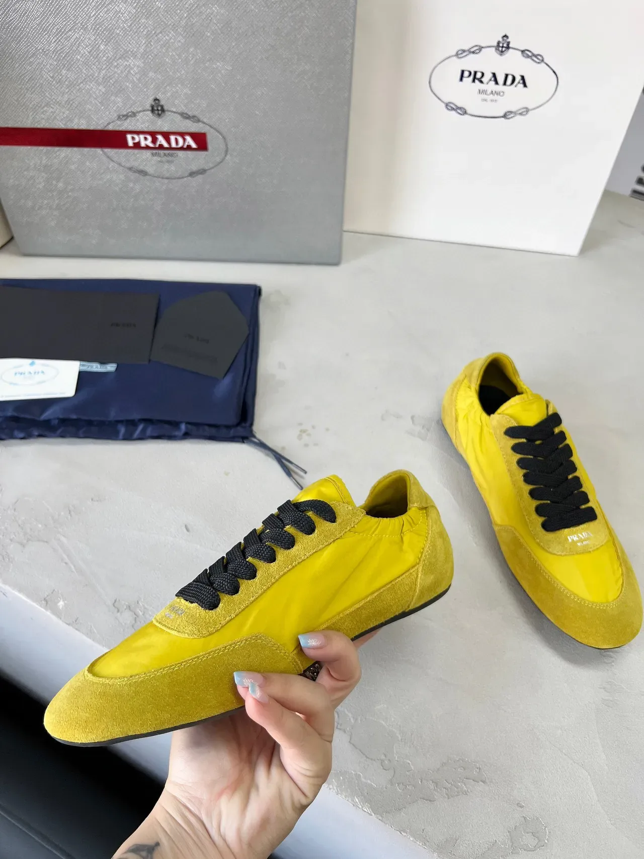 Prada Yellow and Black Suede-Nylon Lifestyle Sneakers 8
