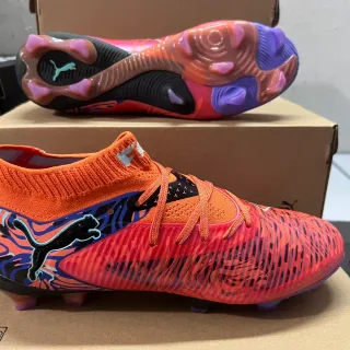 Puma Orange Blue High-Cut Knit Collar Flame-Pattern Graphic Overlay Firm-Ground Soccer Shoes