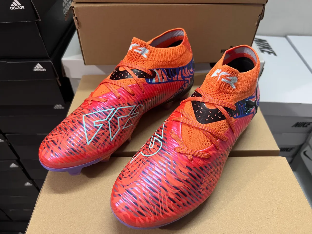 Puma Orange Blue High-Cut Knit Collar Flame-Pattern Graphic Overlay Firm-Ground Soccer Shoes 2