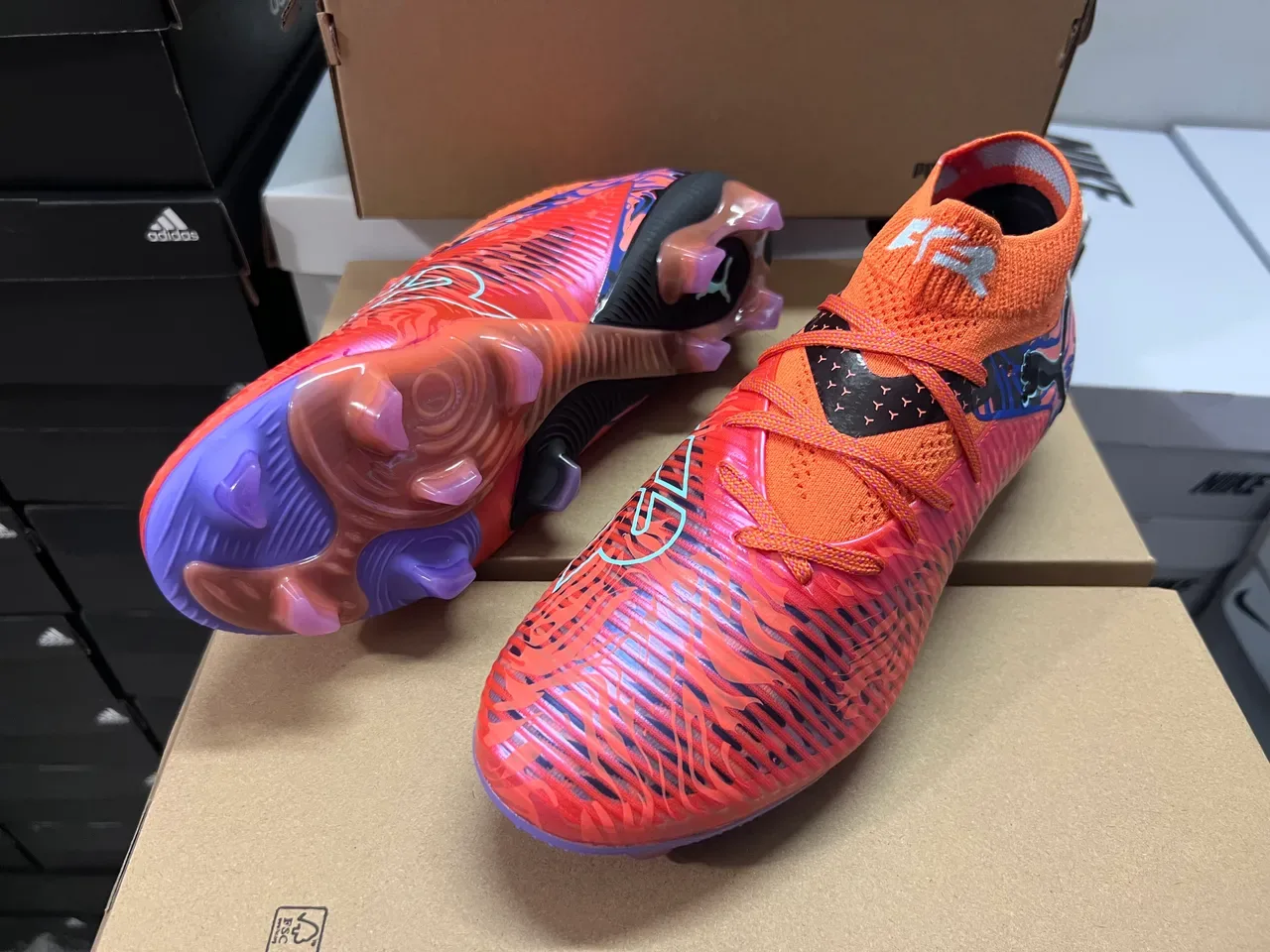 Puma Orange Blue High-Cut Knit Collar Flame-Pattern Graphic Overlay Firm-Ground Soccer Shoes 3