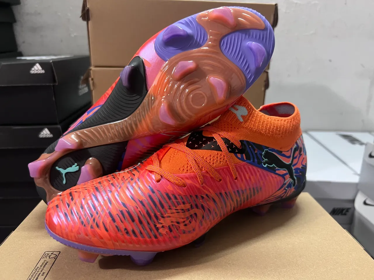 Puma Orange Blue High-Cut Knit Collar Flame-Pattern Graphic Overlay Firm-Ground Soccer Shoes 4