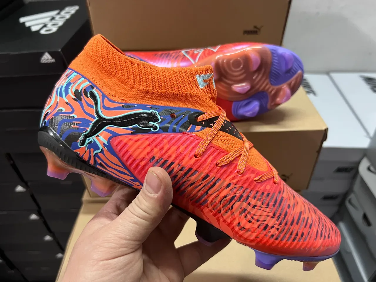 Puma Orange Blue High-Cut Knit Collar Flame-Pattern Graphic Overlay Firm-Ground Soccer Shoes 5