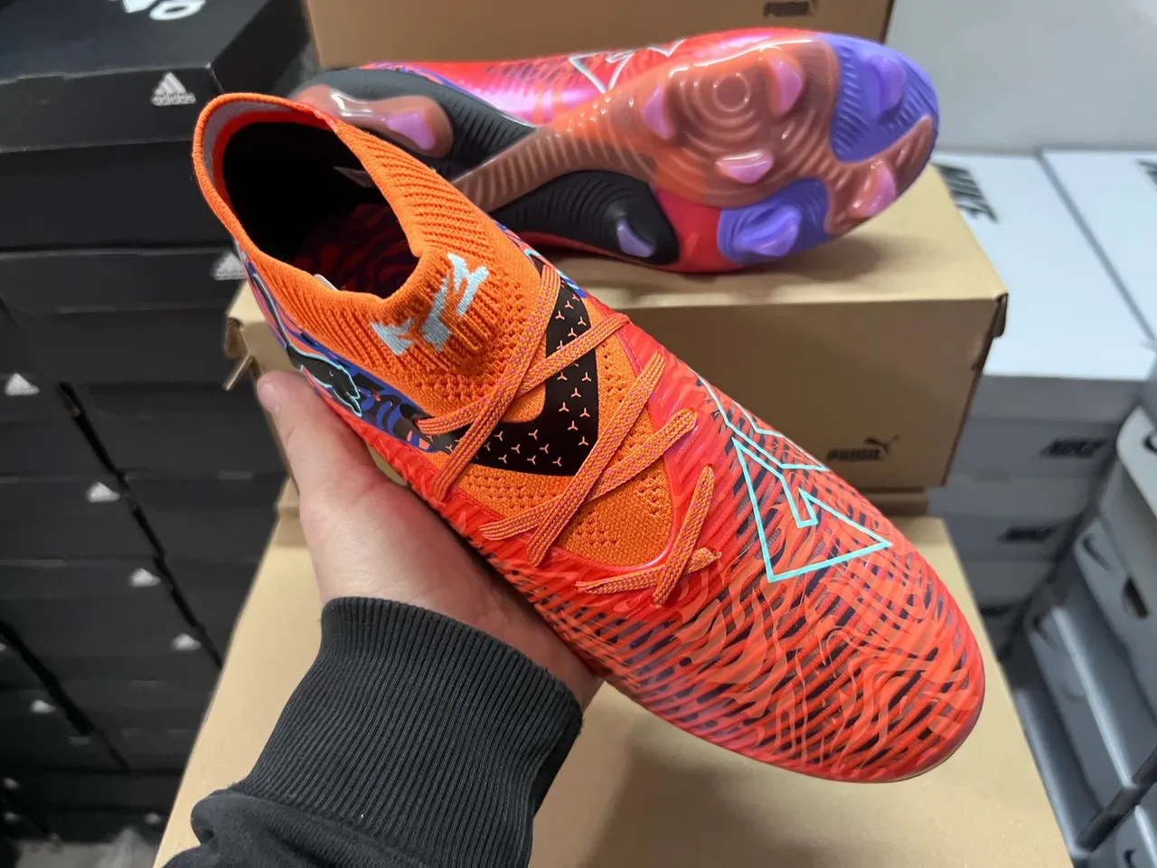 Puma Orange Blue High-Cut Knit Collar Flame-Pattern Graphic Overlay Firm-Ground Soccer Shoes 6