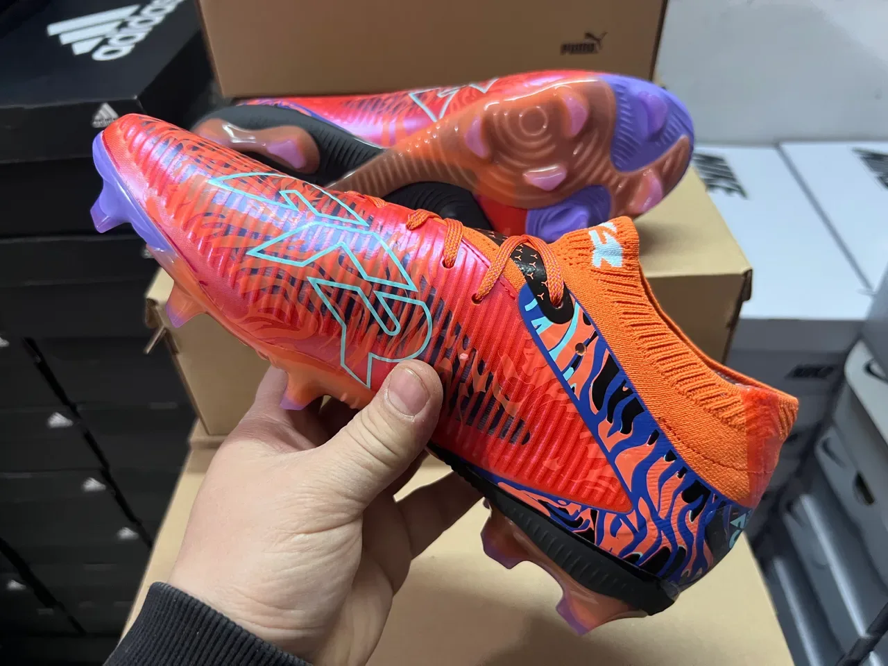 Puma Orange Blue High-Cut Knit Collar Flame-Pattern Graphic Overlay Firm-Ground Soccer Shoes 7