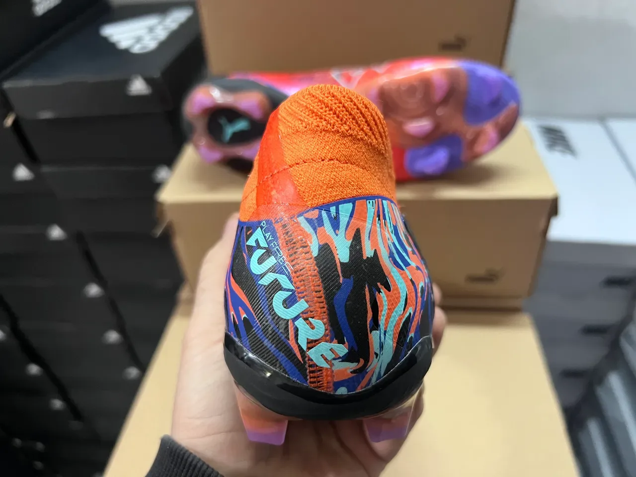 Puma Orange Blue High-Cut Knit Collar Flame-Pattern Graphic Overlay Firm-Ground Soccer Shoes 8