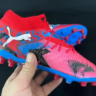 Puma Pink Blue High-Cut Knit Sock Collar Asymmetric Lacing Firm-Ground Soccer Shoes