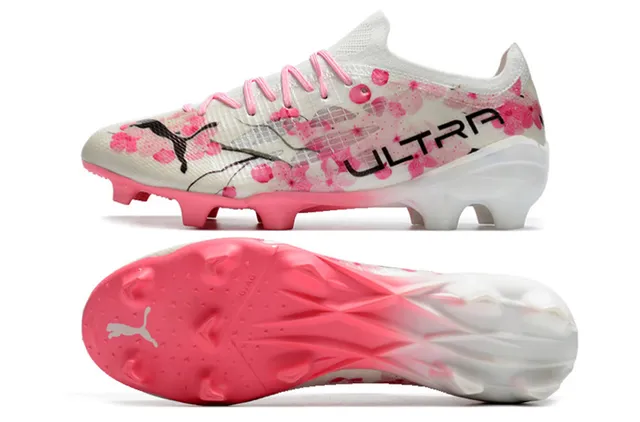 Puma Ultra White Pink Low-Cut Knit Upper Floral Cherry-Blossom Print Firm-Ground Soccer Shoes 19