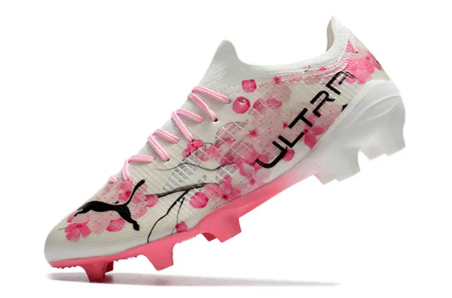 Puma Ultra White Pink Low-Cut Knit Upper Floral Cherry-Blossom Print Firm-Ground Soccer Shoes 21