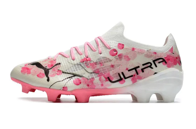 Puma Ultra White Pink Low-Cut Knit Upper Floral Cherry-Blossom Print Firm-Ground Soccer Shoes 22