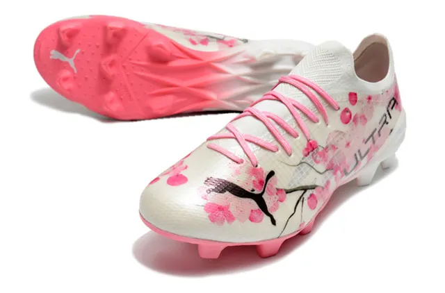 Puma Ultra White Pink Low-Cut Knit Upper Floral Cherry-Blossom Print Firm-Ground Soccer Shoes 23