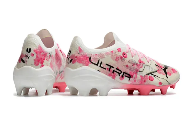 Puma Ultra White Pink Low-Cut Knit Upper Floral Cherry-Blossom Print Firm-Ground Soccer Shoes 24
