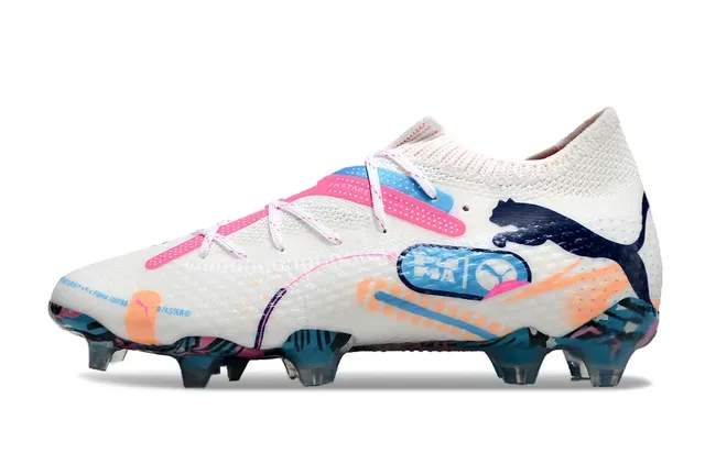 Puma chaussures de football blanc multicolor col de maille lacets asymétriques sol ferme 7