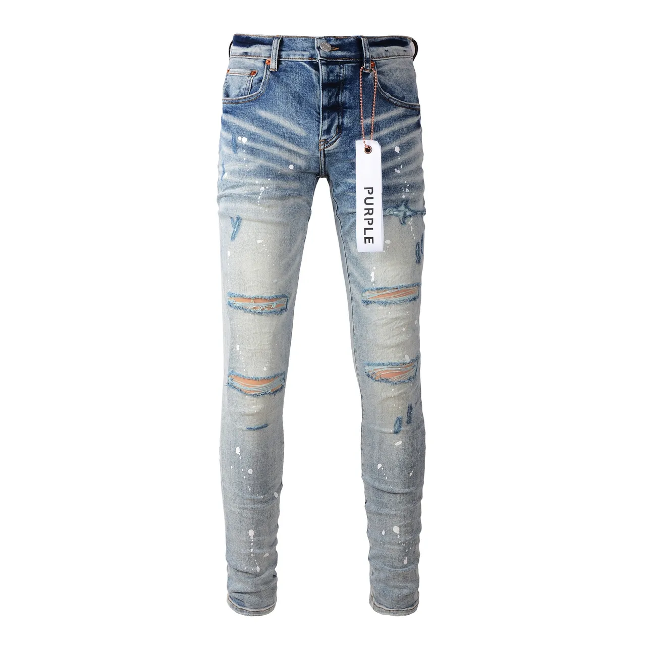 Purple Brand Distressed Paint-Splattered Light-Wash Ripped Jeans 18