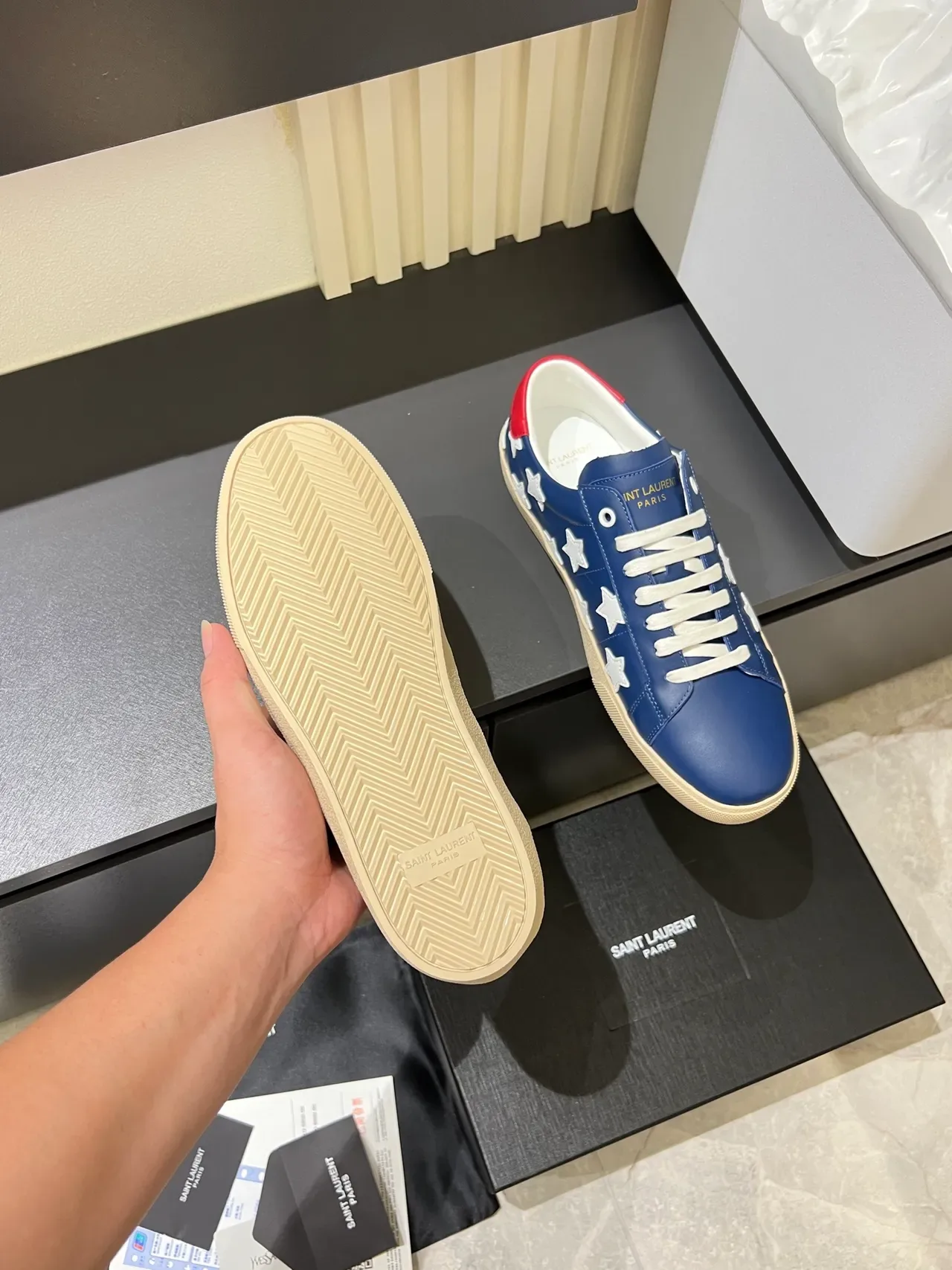 Saint Laurent Blue Red Leather Upper Star Appliqué Pattern Lifestyle Sneakers 4