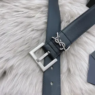 Saint Laurent Monogram 腰带 黑色银色 光滑矩形扣头 皮革腰带
