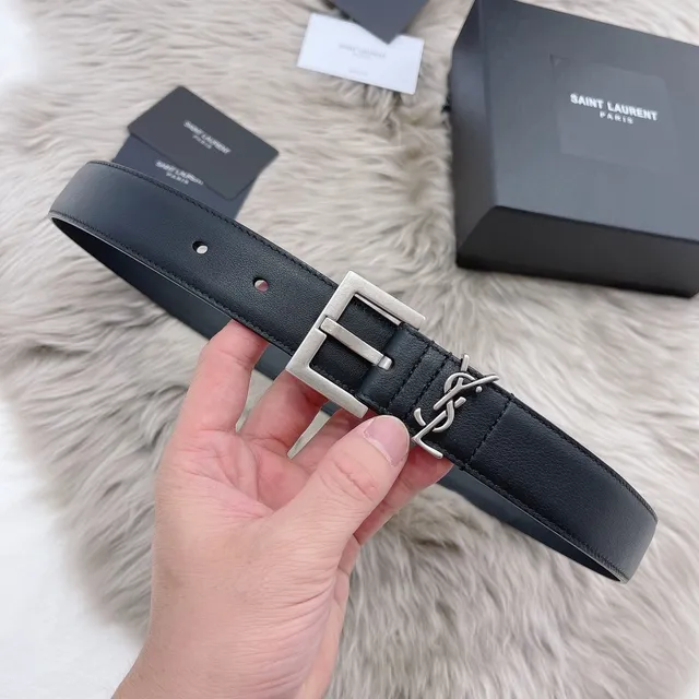 Saint Laurent Monogram Belt Black Silver Smooth Rectangular Buckle Leather Belt 2