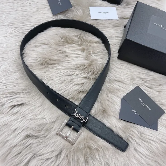 Saint Laurent Monogram Belt Black Silver Smooth Rectangular Buckle Leather Belt 3