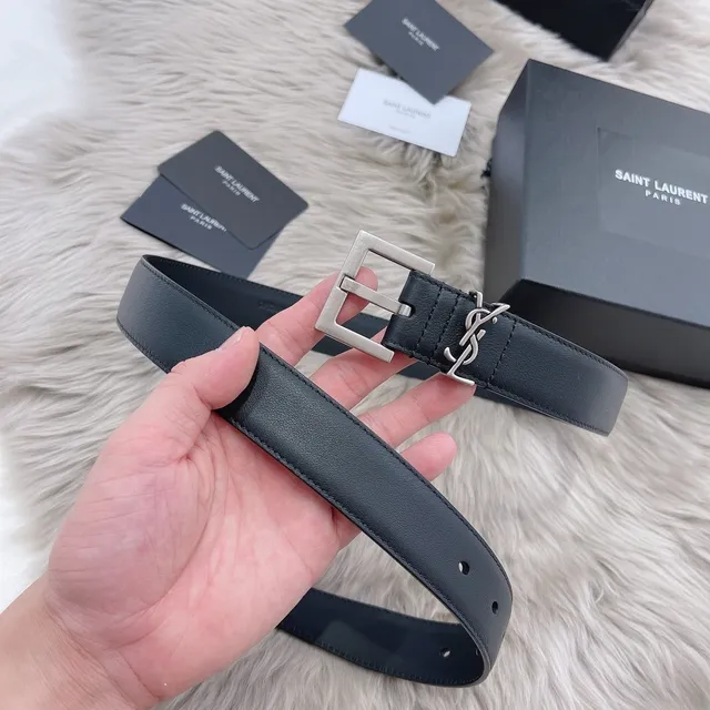 Saint Laurent Monogram Belt Black Silver Smooth Rectangular Buckle Leather Belt 4