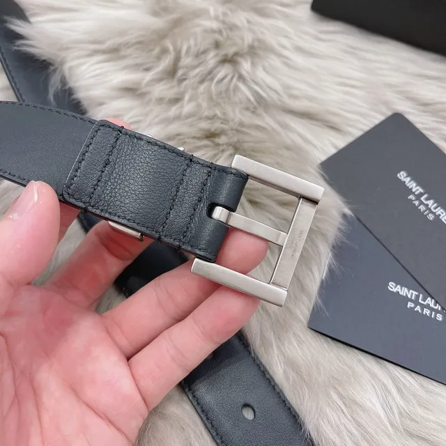 Saint Laurent Monogram Belt Black Silver Smooth Rectangular Buckle Leather Belt 8