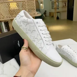 Saint Laurent White Beige Star-Embossed Leather Low-Top Cupsole Lifestyle Sneakers