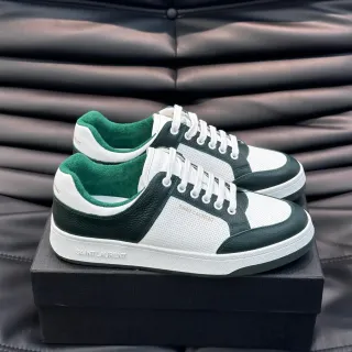Saint Laurent White Green Low-Top Leather-and-Mesh Panelled Lifestyle Sneakers
