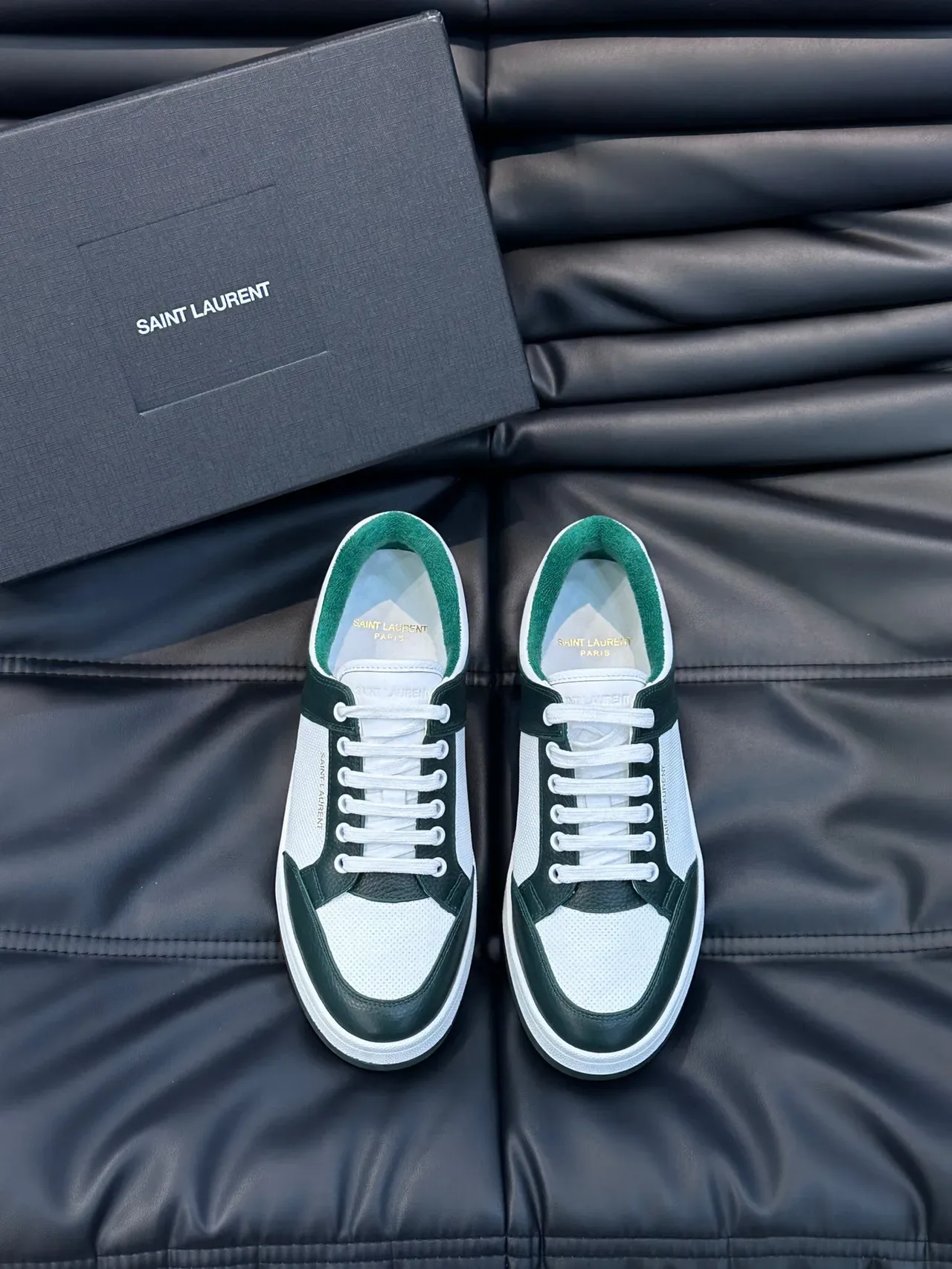 Saint Laurent White Green Low-Top Leather-and-Mesh Panelled Lifestyle Sneakers 2