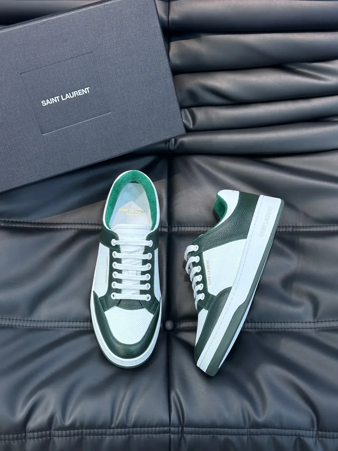 Saint Laurent White Green Low-Top Leather-and-Mesh Panelled Lifestyle Sneakers 3