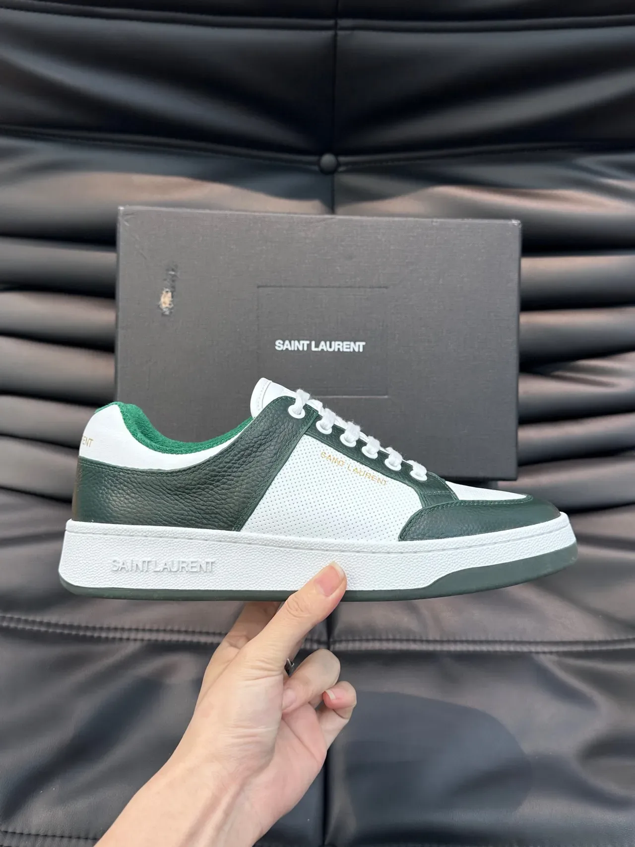 Saint Laurent White Green Low-Top Leather-and-Mesh Panelled Lifestyle Sneakers 4