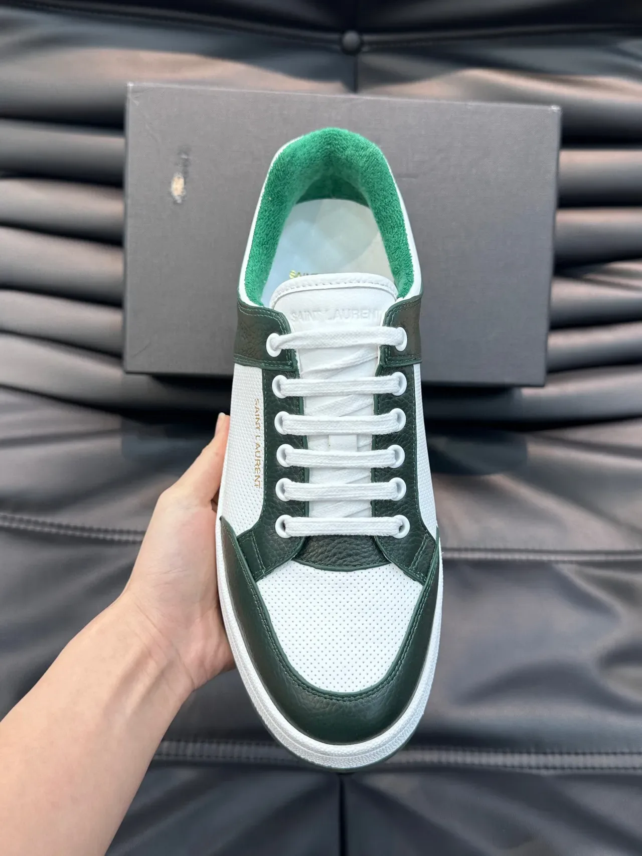 Saint Laurent White Green Low-Top Leather-and-Mesh Panelled Lifestyle Sneakers 5