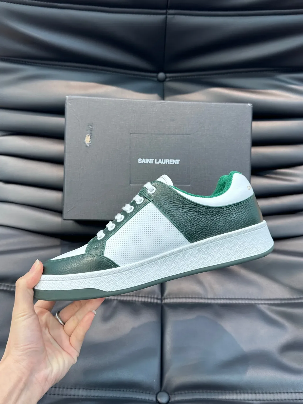 Saint Laurent White Green Low-Top Leather-and-Mesh Panelled Lifestyle Sneakers 6
