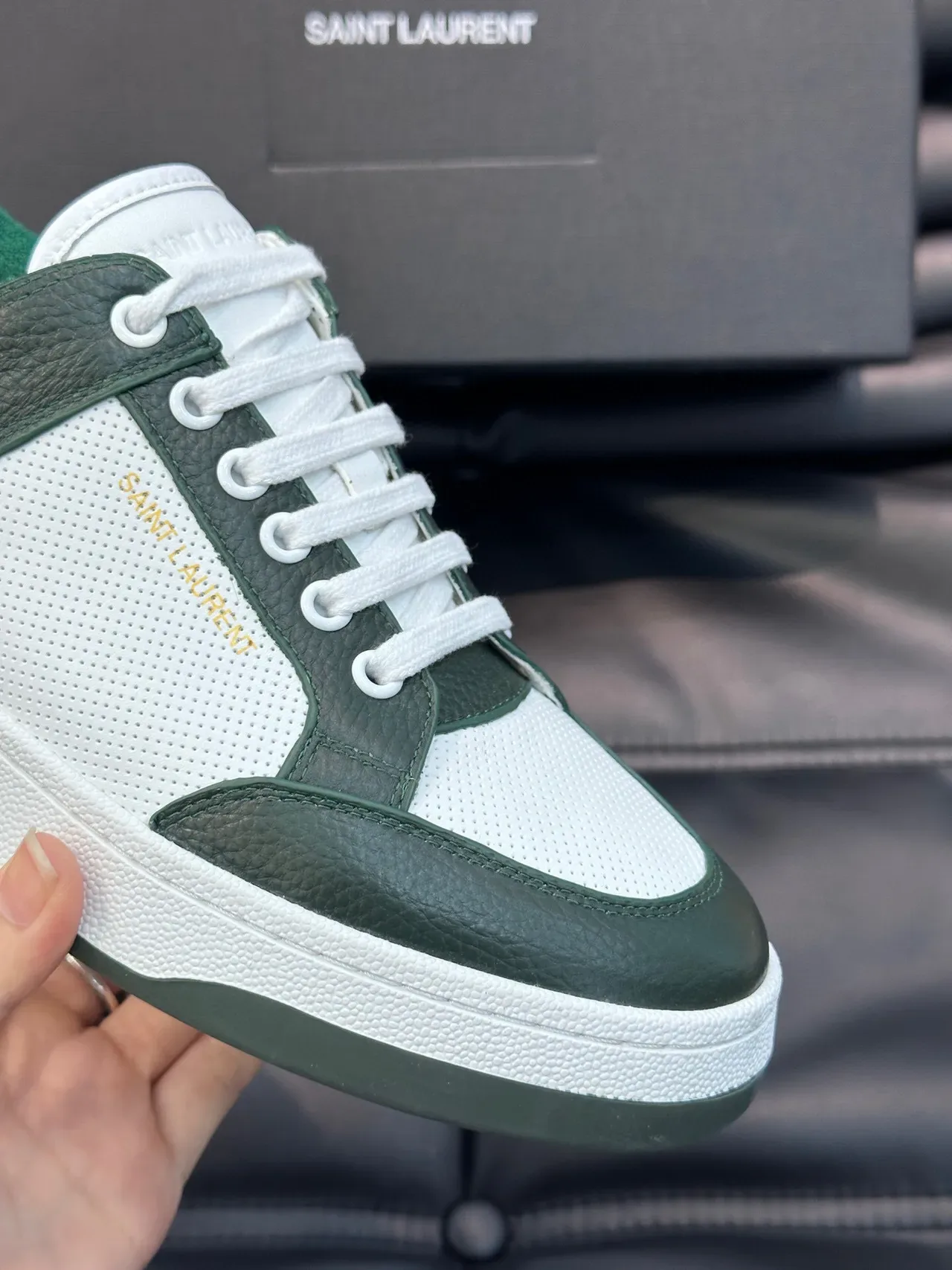 Saint Laurent White Green Low-Top Leather-and-Mesh Panelled Lifestyle Sneakers 8
