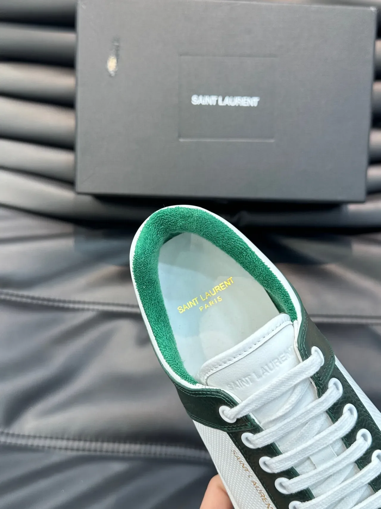 Saint Laurent White Green Low-Top Leather-and-Mesh Panelled Lifestyle Sneakers 9