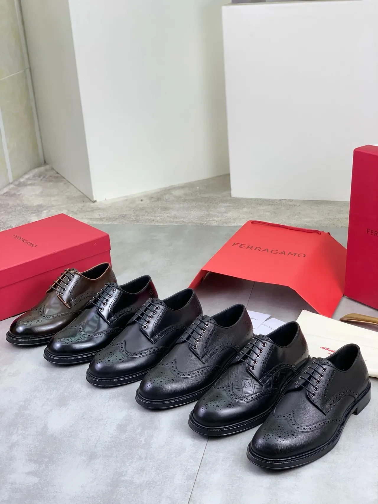Salvatore Ferragamo Full Brogue Wingtip Black Pebbled Leather Brogues 2