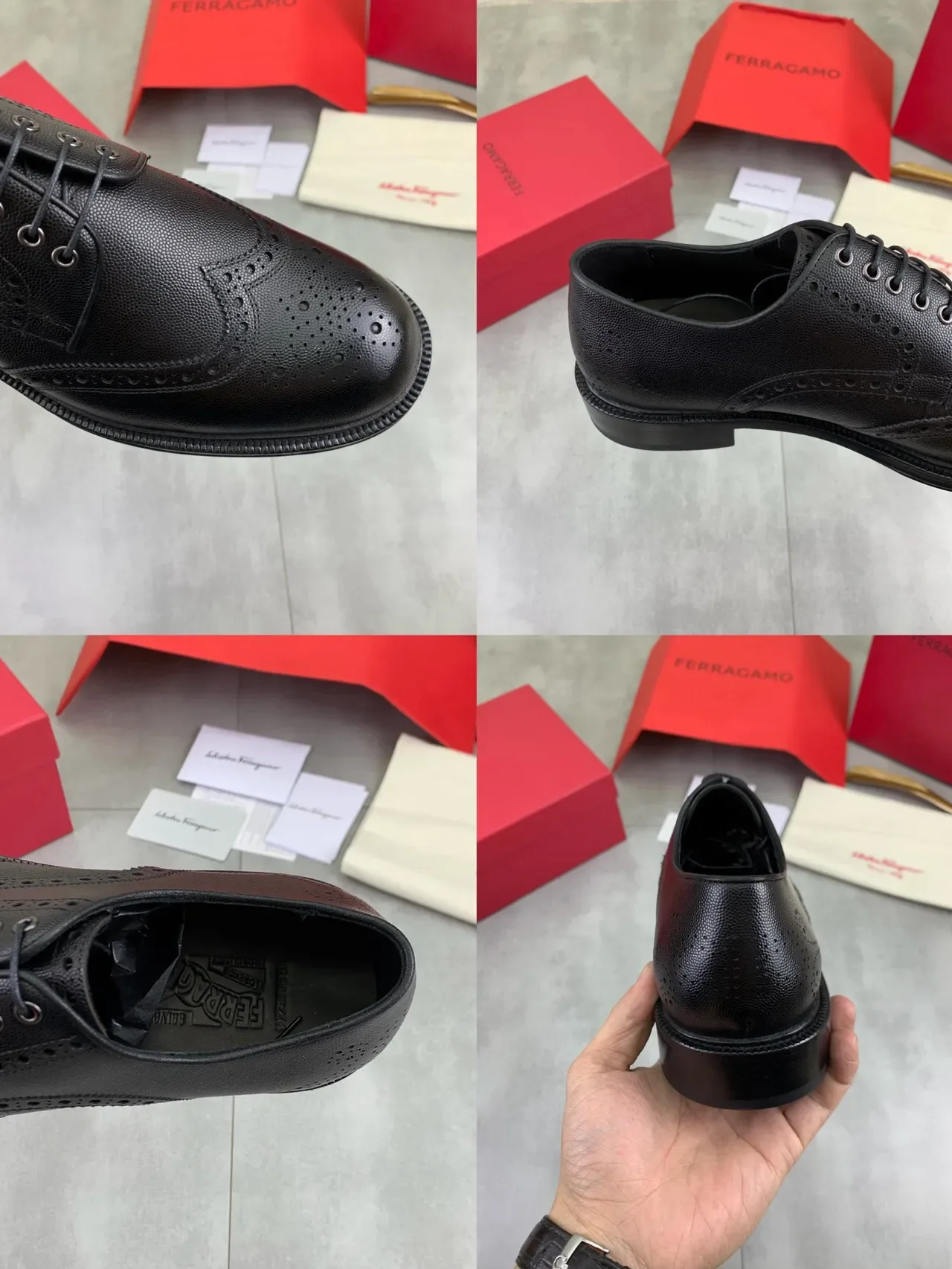 Salvatore Ferragamo Full Brogue Wingtip Black Pebbled Leather Brogues 3