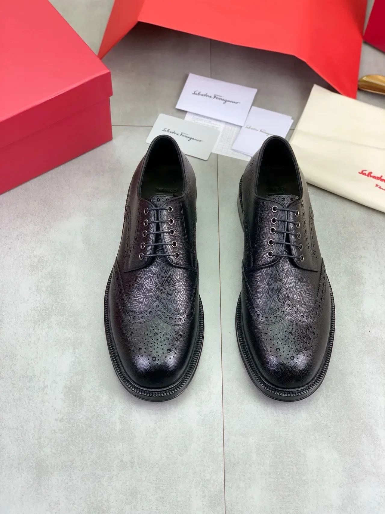 Salvatore Ferragamo Full Brogue Wingtip Black Pebbled Leather Brogues 5