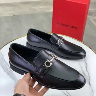 Salvatore Ferragamo Gancini Black Leather Square-Toe Loafers