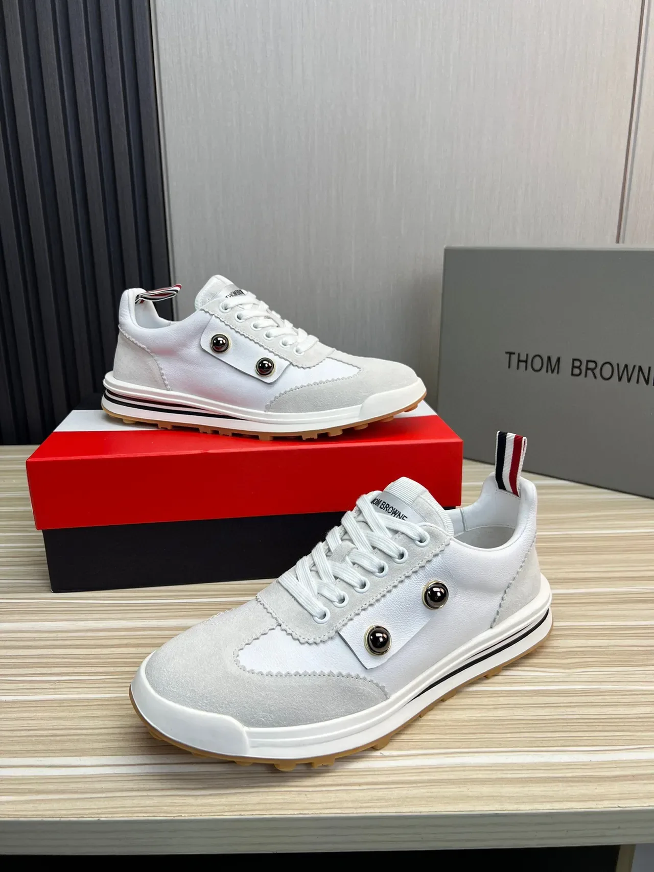 Thom Browne Double-Button Strap White and Gray Lifestyle Sneakers 4